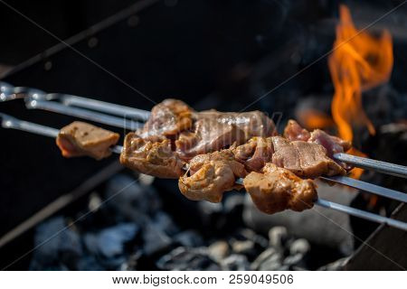 Closeup Of Some Meat Skewers Being Grilled In A Barbecue