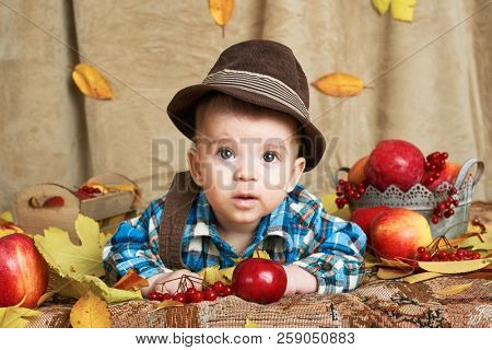 autumn concept - child boy lie on yellow leaves with fruits and vegatbles, red apples and pumpkins