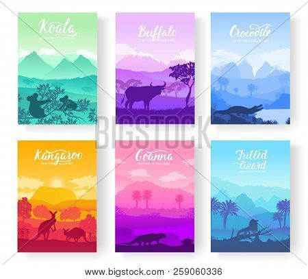 Australian Animals In The Natural Habitat On Brochure. Colorful Flyers With Wildlife In Nature. Temp