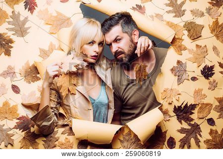Autumn Couple Wearing In Autumn Clothes And Looks Very Sensually. Autumn Trend And Vogue. Hello Sept