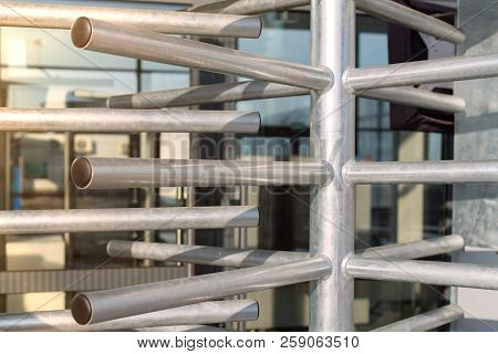 Security Entrance Gate - Secured Turnstiles Before Inspection At Stadium