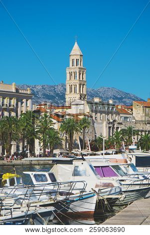 Boat Harbor Of The Old Town Split In Croatia.