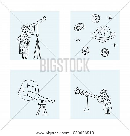 Vector Square Set Design Of Astronomer And Astronomic Objects.