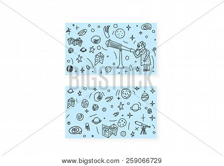 Vector Set Design Of Astronomer And Astronomic Objects.
