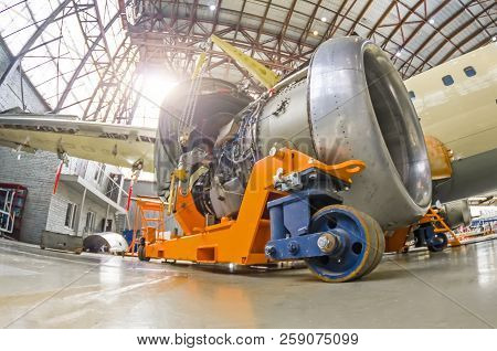 The Engine Of The Aircraft Is Repaired, Removed From The Wing And Installed On A Technical Cart.