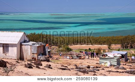 Rodrigues Island, Mauritius - November 13, 2012: Creole Houses On The South Coast With The Turquoise