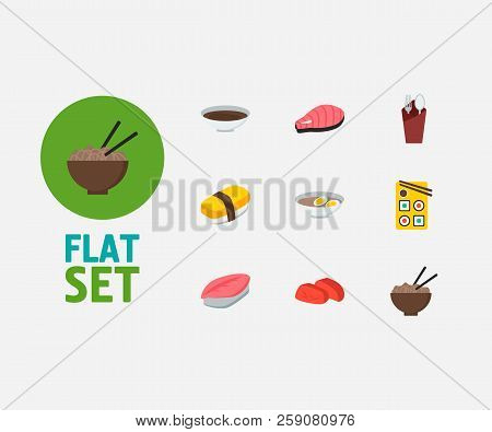 Nutrition Icons Set. Saba Nigiri And Nutrition Icons With Salmon, Sashimi And Noodle. Set Of Hokkiga