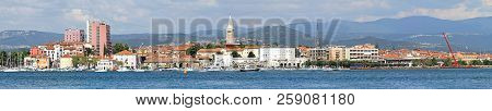 Koper, Slovenia - June 18, 2010: Long Cityscape Panorama From Adriatic Sea In Koper, Slovenia.