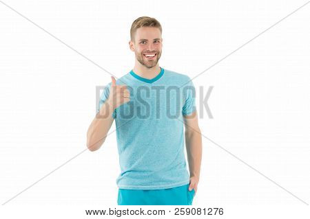 Man Cheerful Shows Thumbs Up As Symbol Of Recommendation Isolated White Background. Man Happy Cheerf