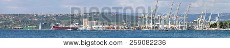 Koper, Slovenia - June 18, 2010: Long Panorama Of Port And Terminal From Adriatic Sea In Koper, Slov