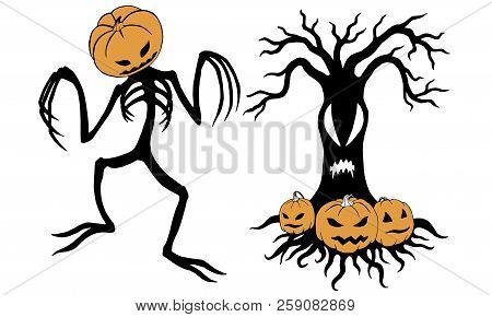 Scary Halloween Jack And The Evil Tree With Three Pumpkin Lanterns.