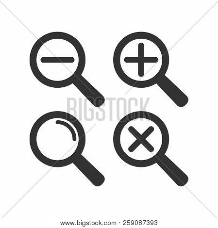 Web Loupe Flat Icon Set. Magnifying Glass With Plus And Minus Sign. Magnify Icon.
