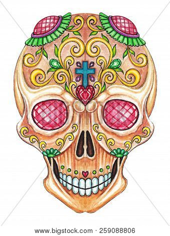Art Sugar Skull Day Of The Dead. Hand Watercolor Painting On Paper