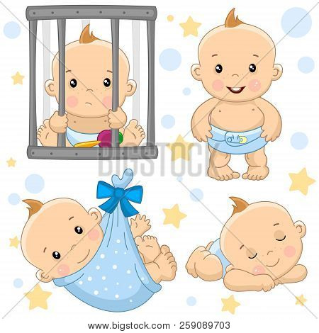 A Set Of Drawings With Young Boys For Design, The Boy Behind The Bars Is Sad, Standing And Laughing,