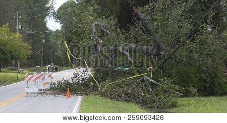 Wagram, North Carolina, United States/september 18, 2018: Power Line That Went Down During Hurricane