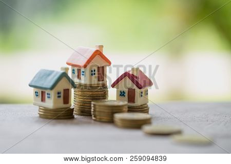 Mini House On Stack Of Coins, Real Estate Investment, Save Money With Stack Coin, Business Growth In