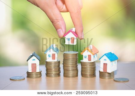 Mini House On Stack Of Coins, Real Estate Investment, Save Money With Stack Coin, Business Growth In