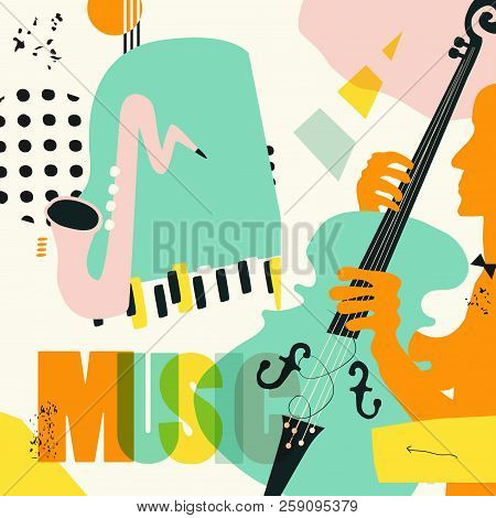 Music Colorful Background With Music Instruments Flat Vector Illustration. Artistic Music Festival P