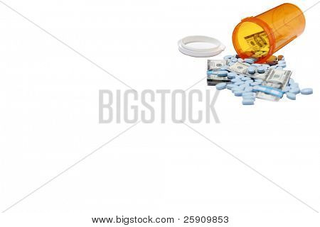 お金と薬医療と薬の c の高コストを表す薬瓶から注ぐ