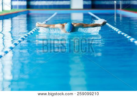 Image of sports man swimming along path in pool