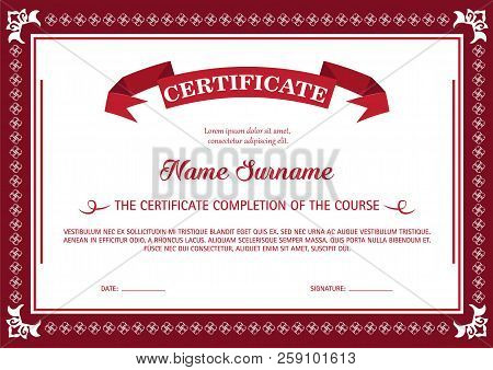 Certificate Of Completion Template. Red Certicate Background.