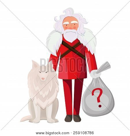 Santa Claus With Dog Isolated In White Background. Secret Santa Holding A Bag With Gifts. Secret San