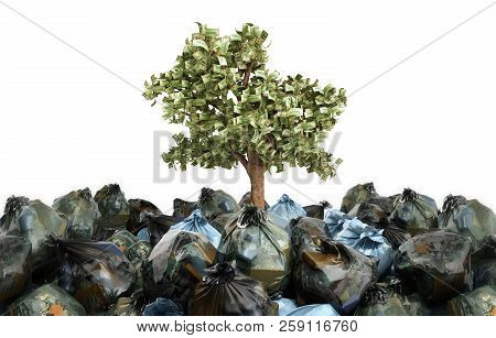 Modern Concept Of Profit From Recycling Money Tree Growing Out Of Garbage Bags 3d Render