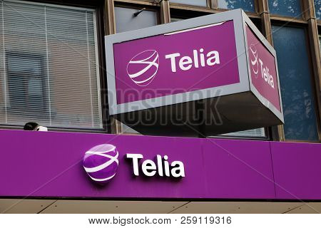 Sundsvall, Sweden - May 30, 2016: The Telia Retail Shop Sign Above The Entrance To Its Shop At Storg