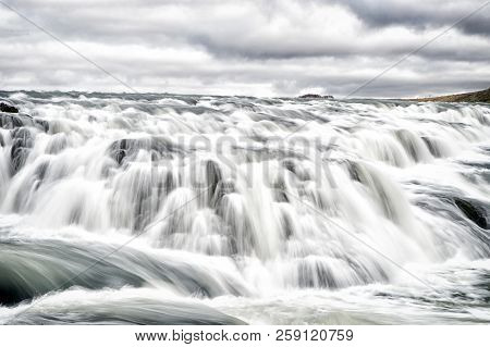 Waterfall Gullfoss In Iceland, Reykjavik. Gullfoss Is Bigger Waterfall Famous Landmark In Iceland. R