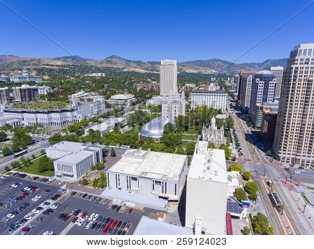 Aerial View Of Temple Square, Including Salt Lake Temple, Lds Church Office Building In Downtown Sal