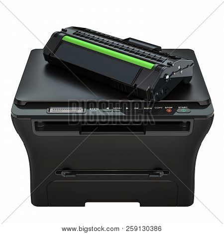 Multifunction Printer With Toner Cartridge, 3d Rendering Isolated On White Background