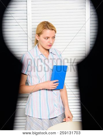 If You Are Witness Of Rights Violation. View Through Keyhole. Woman Hold Notepad In Office. Worker L