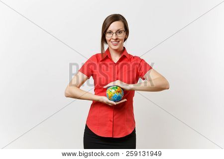 Portrait Of Business Or Teacher Woman In Red Shirt Holding In Palms Earth Globe Isolated On White Ba