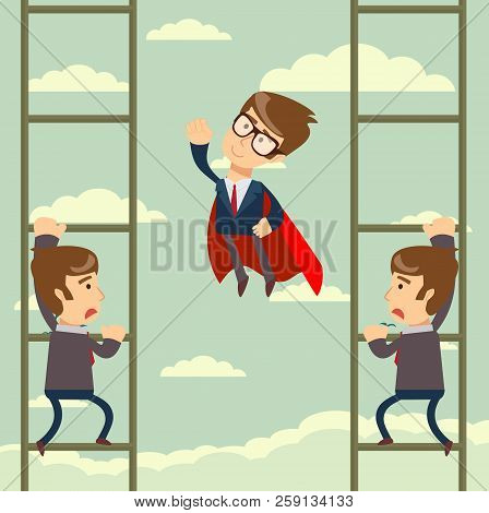 Up The Career Ladder . Staircase Rests Against Blue Sky. Development Motivation Career Growth Concep