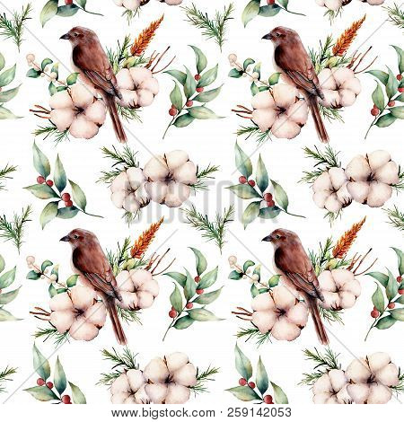 Watercolor Seamless Big Patttern With Bird And Cotton. Hand Painted Floral Illustration With White F