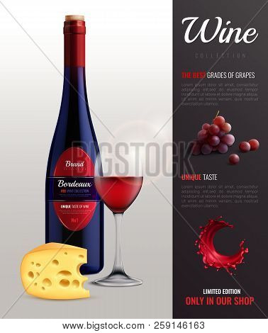 Wine Realistic Poster With Grapes Unique Taste And Cheese Symbols Vector Illustration