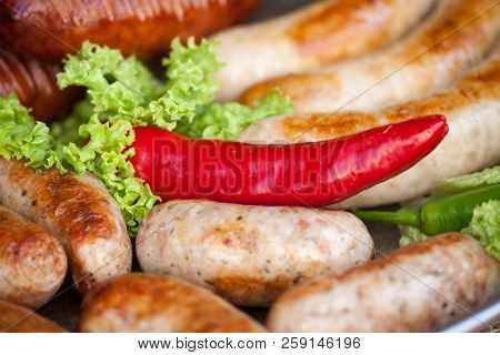 Delicious Grilled Sausages And Vegetable. Delicious Food.