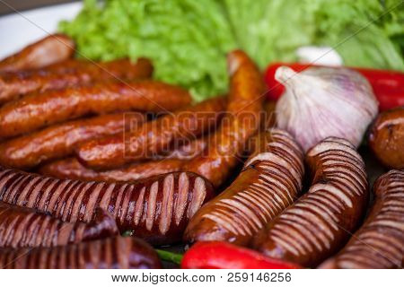 Delicious Grilled Sausages And Vegetable. Delicious Food.
