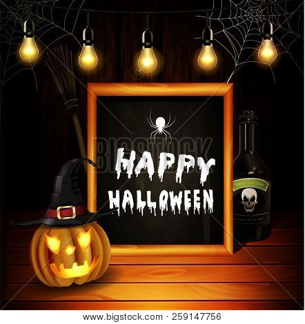 Halloween Pumpkin Realistic With Witch Hat Botle With Poison And Broom On Wooden Wall Background Wit