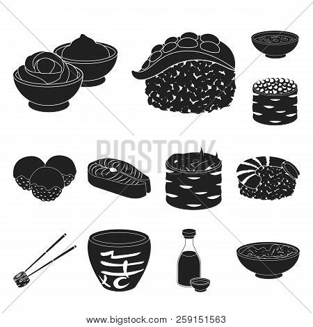 Sushi And Seasoning Black Icons In Set Collection For Design. Seafood Food, Accessory Vector Symbol 