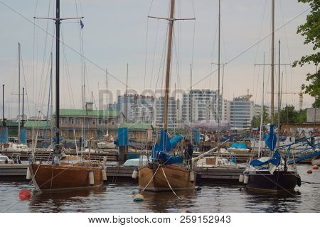 Saint Petersburg, Russia - July 08, 2017: Sailing Yachts Are Moored In The Harbor Of The Yacht Club 