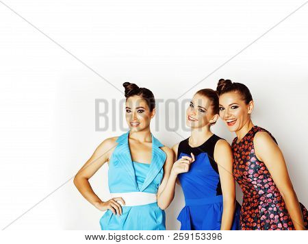 Many Girlfriends Hugging Celebration On White Background, Smilin