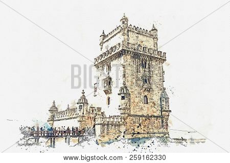 Illustration. Torre De Belem Or The Belem Tower Is One Of The Attractions Of Lisbon. The Fortress Wa