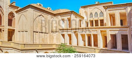 Kashan, Iran - October 22, 2017: Exterior Of Abbasi House Boasts Rich Carved Stucco Decorations, The