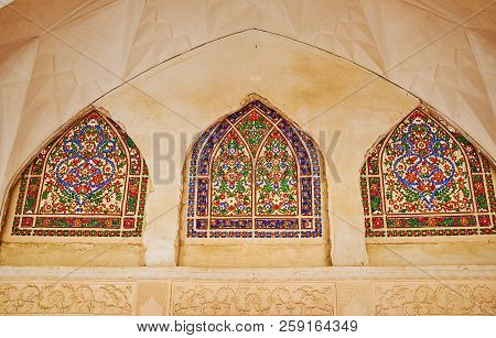 Kashan, Iran - October 22, 2017: The Stained Glass Windows In Abbasi House Boast Unique Colorful Pat