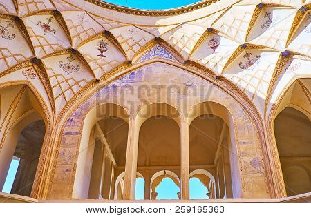 Kashan, Iran - October 22, 2017: The Picturesque Frescoes In A Room Of Tabatabaei House With Arched 