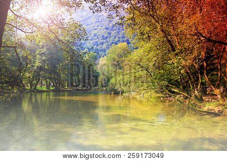Beautiful forest landscape . Bosnia and Herzegovina, public park Vrelo Bosne, near Sarajevo, river Bosna