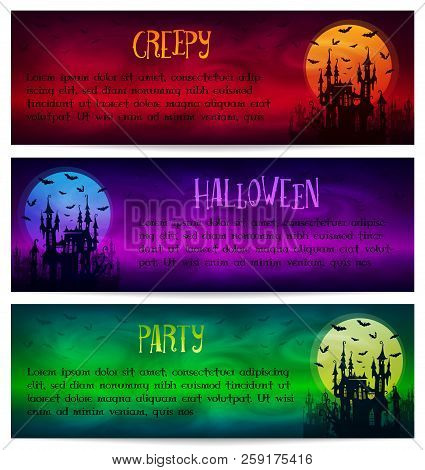 Set Of Horizontal Vector Halloween Banners With Big Moon, Ghost Castle And Bats Silhouettes On Color