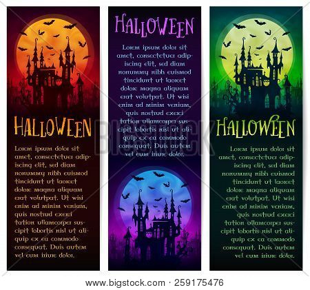 Set Of Vertical Vector Halloween Banners With Big Moon, Ghost Castle And Bats Silhouettes On Dark Ba
