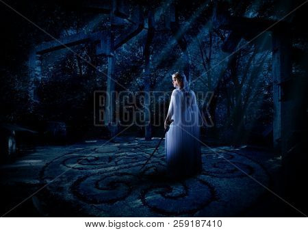 Young elven girl in night forest